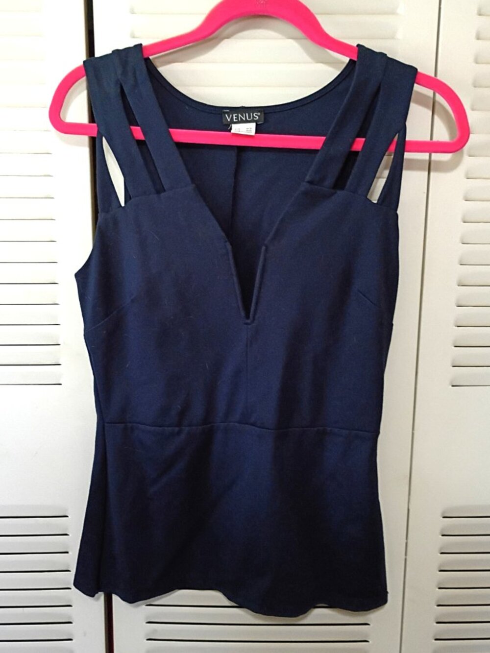 VENUS Navy Blue Deep V Neckline Strappy Shoulder Peplum Hem Top Blouse S
